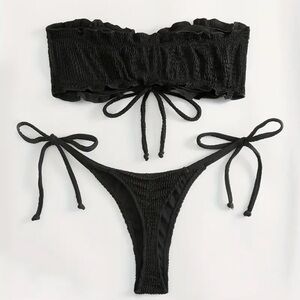 Black BANDEAU TIE SIDE THONG BATHING SUIT BIKINI STRAPLESS SET